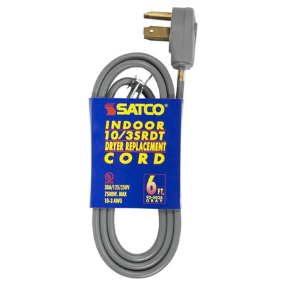 6 Foot, 3 Wire Heavy Duty Replacement Dryer Cord, 10-3 SRDT Gray Flat, Indoor Use Only, 30A/125V-250V, 7500W