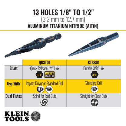 13-Step Drill Bit, 3/8-Inch Hex, Double Straight Flute, 1/8-Inch to 1/2-Inch