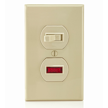 15 Amp, 120 Volt, Duplex Style Single-Pole / Neon Pilot AC Combination Switch, Commercial Grade, Non-Grounding, Side Wired , Ivory