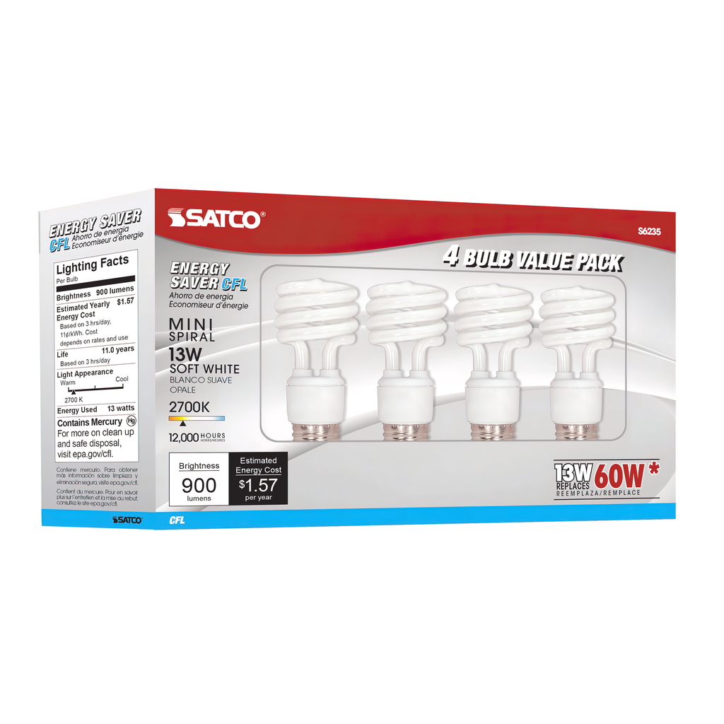 13 Watt; Mini Spiral Compact Fluorescent; 2700K; 82 CRI; Medium base; 120 Volt; 4-pack