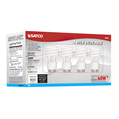 13 Watt; Mini Spiral Compact Fluorescent; 2700K; 82 CRI; Medium base; 120 Volt; 4-pack