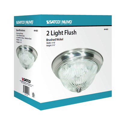 2 Light - 11" - Flush Mount - Clear Ribbed Glass, Color retail packaging