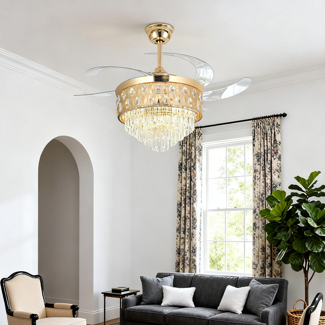 [Open-Box]Ceiling Fans with Crystal Lights Luxury Gold Iron with Crystal Pendant