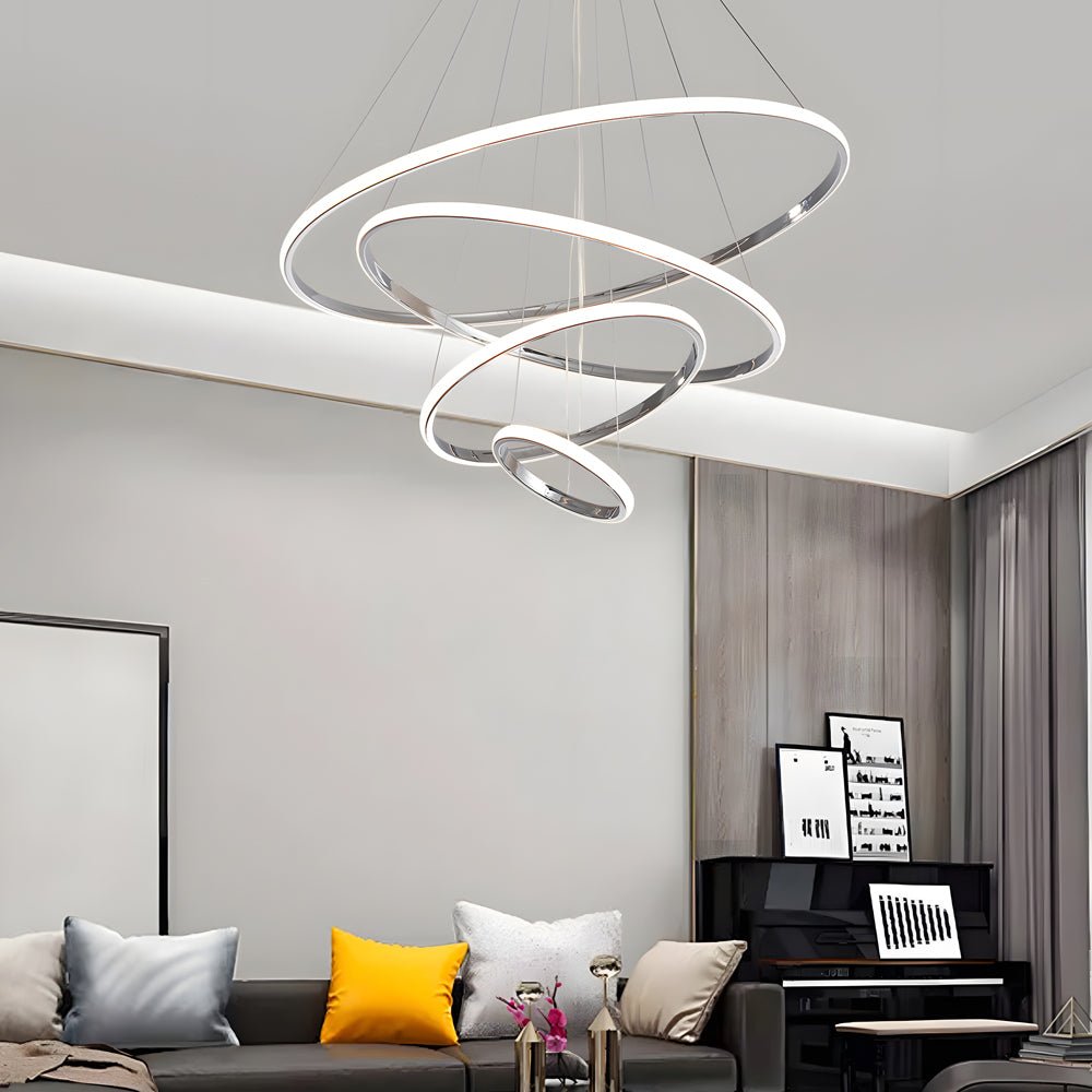 [Open-Box] Contemporary Hanging 3/4-Light Tiered Ring Chandelier - Chrome