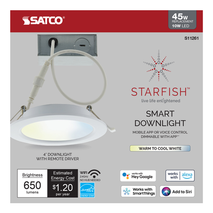 10 Watt; LED Direct Wire Downlight; 4 Inch; Tunable White; Round; Starfish IOT; 120 Volt; 650 Lumens