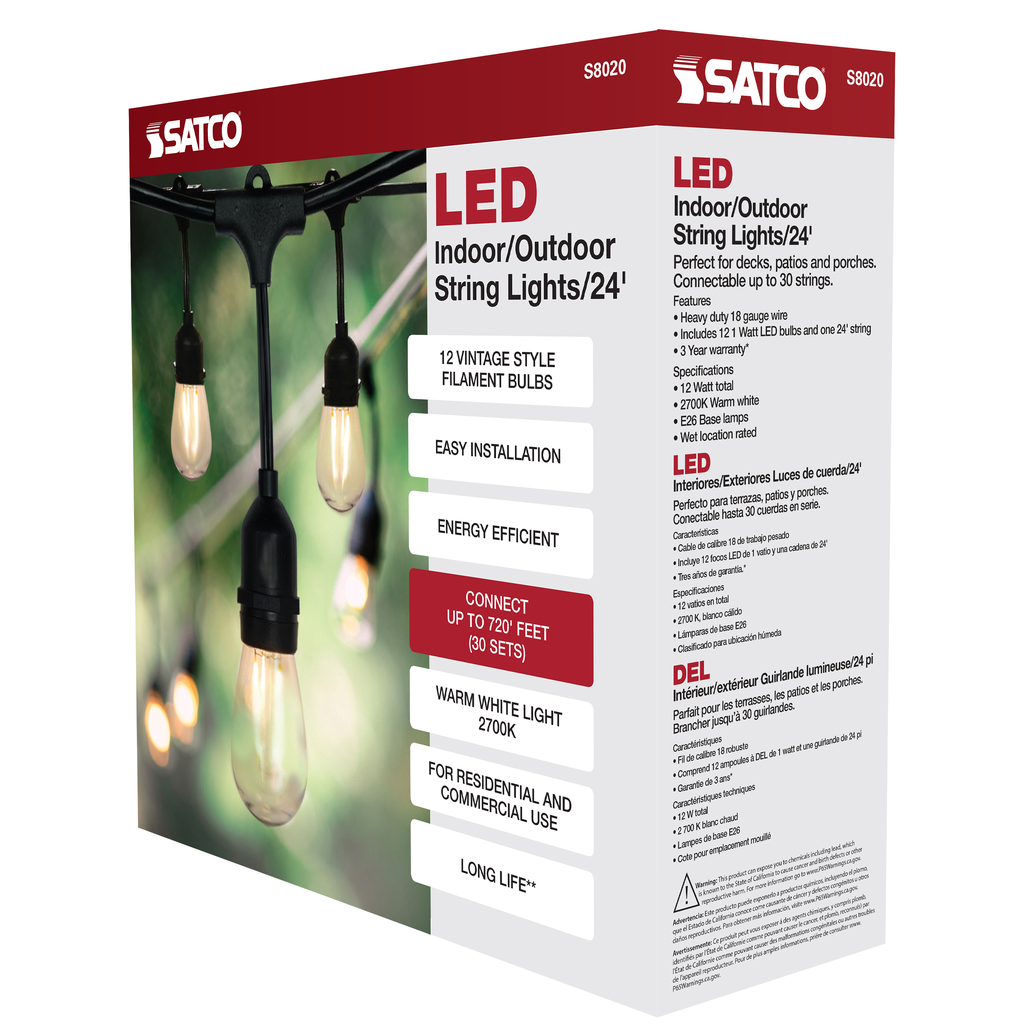 24FT; LED String Light; Includes 12-Light Filament LED bulbs; With Plug