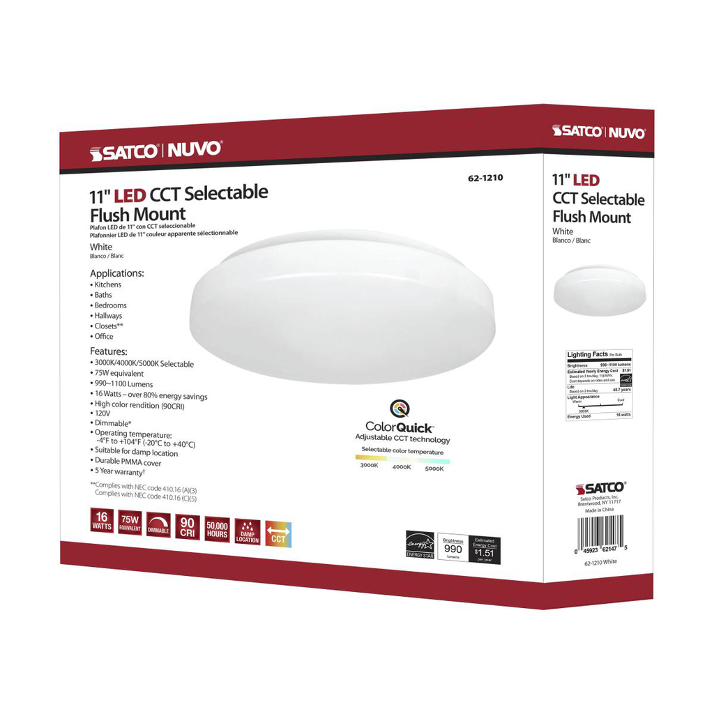 11 inch, Acrylic Round, Flush Mounted, LED Light Fixture, CCT Selectable, White Finish, 120V