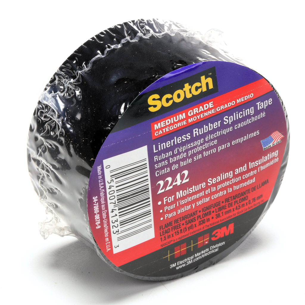 3M™ Linerless Electrical Rubber Tape 2242, 1-1/2 in x 15 ft, 1 in core,Black, 1 roll/carton, 12 rolls/case