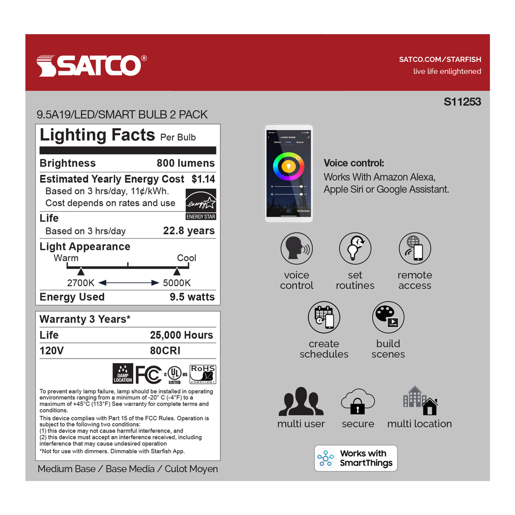 9.5 Watt; A19 LED; RGB & Tunable White; Starfish IOT; 120 Volt; 800 Lumens; 2-pack