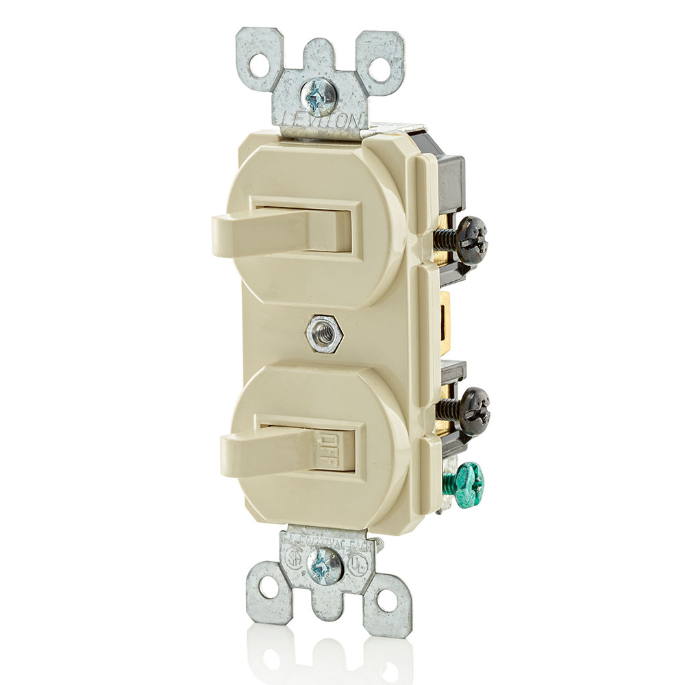 15 Amp, 120/277 Volt, Duplex Style Single-Pole / 3-Way AC Combination Switch, Residential/Commercial Specification Grade, Non-Grounding, Side Wired, Ivory