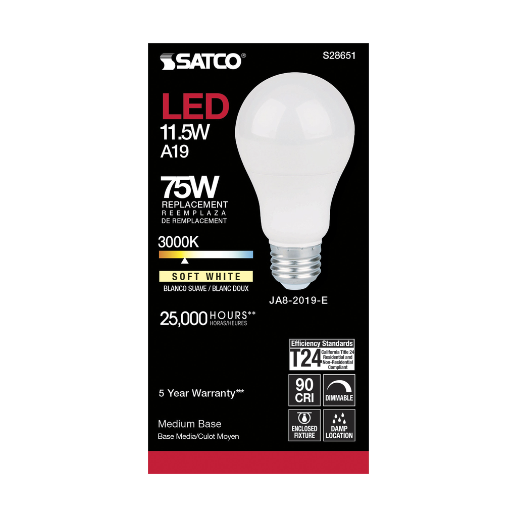 11.5 Watt; A19 LED; 90CRI; 3000K; Medium base; 220 deg. Beam Angle; 120 Volt; 1100 Lumens; CEC