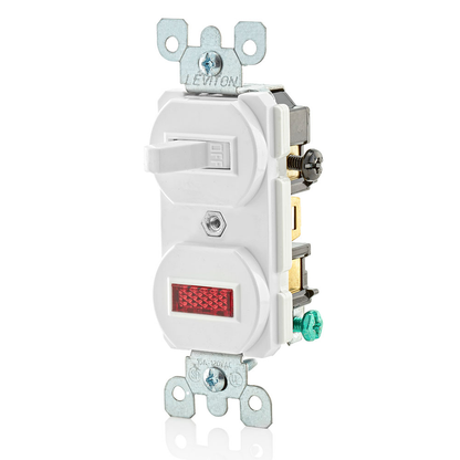 15 Amp, 120 Volt, Duplex Style Single-Pole / Neon Pilot AC Combination Switch, Commercial Grade, Non-Grounding, Side Wired , White