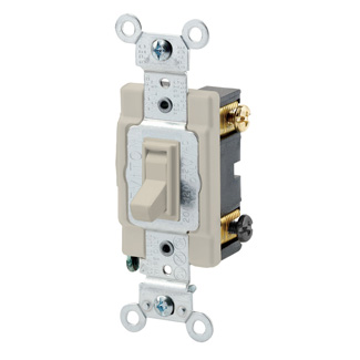 15 Amp, 120/277 Volt, Toggle Framed 3-Way AC Quiet Switch,  Commercial Spec Grade, Grounding, Side Wired, - Ivory
