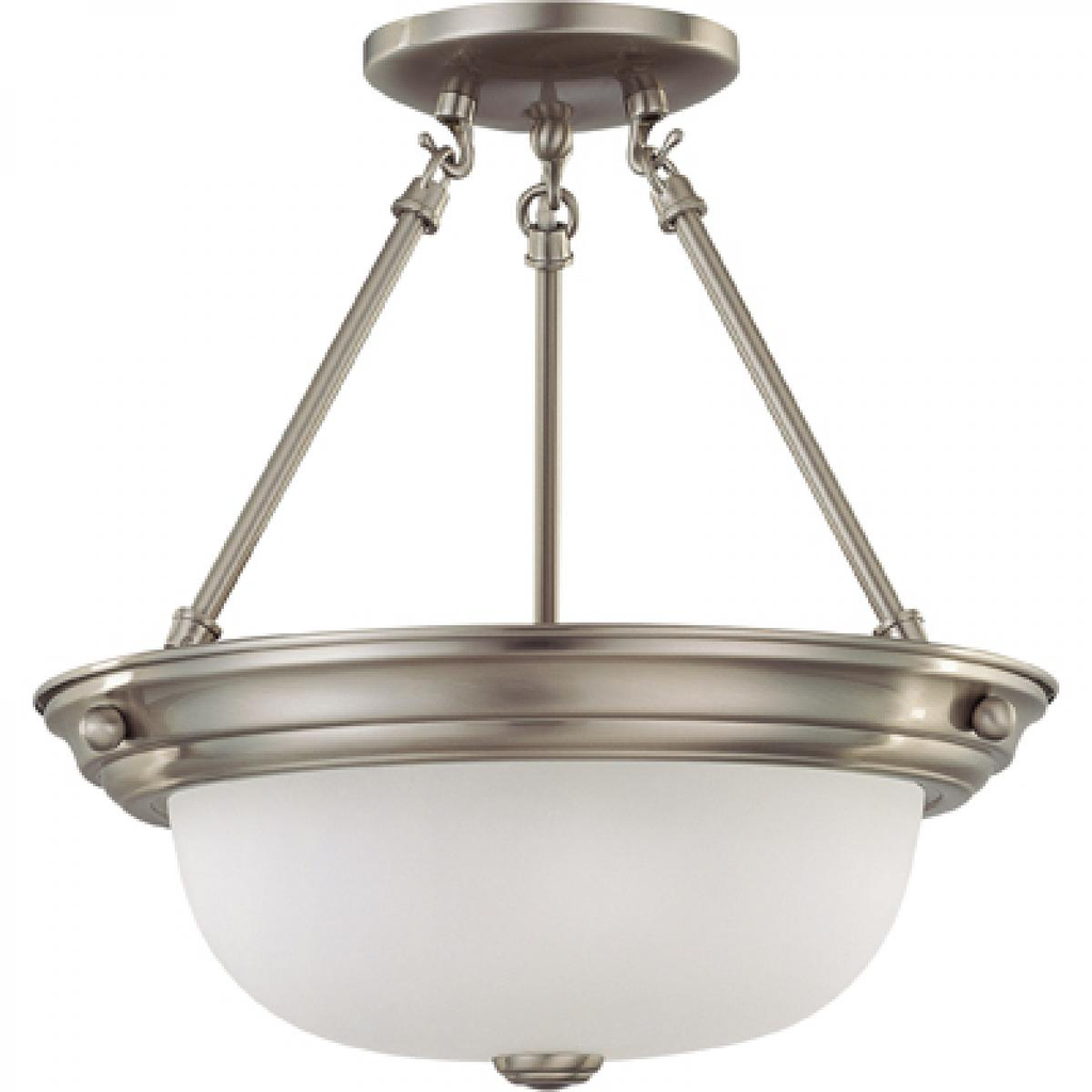 2 Light - Semi Flush with Frosted White Glass - Brushed Nickel Finish