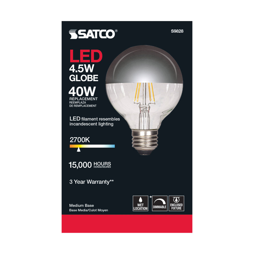 4.5 Watt G25 LED; Silver crown; Medium base; 2700K; 430 Lumens; 120 Volt