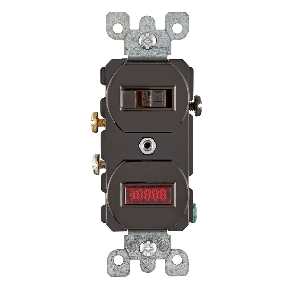 20 Amp Duplex Single-Pole Switch/ Neon Pilot Combination Device, Non-Grounding, Brown