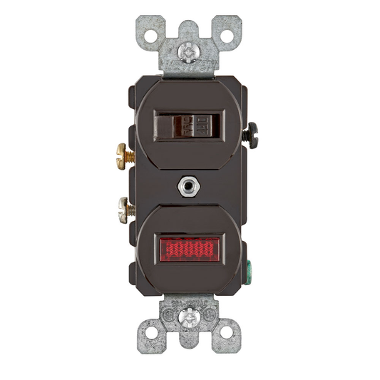 20 Amp Duplex Single-Pole Switch/ Neon Pilot Combination Device, Non-Grounding, Brown