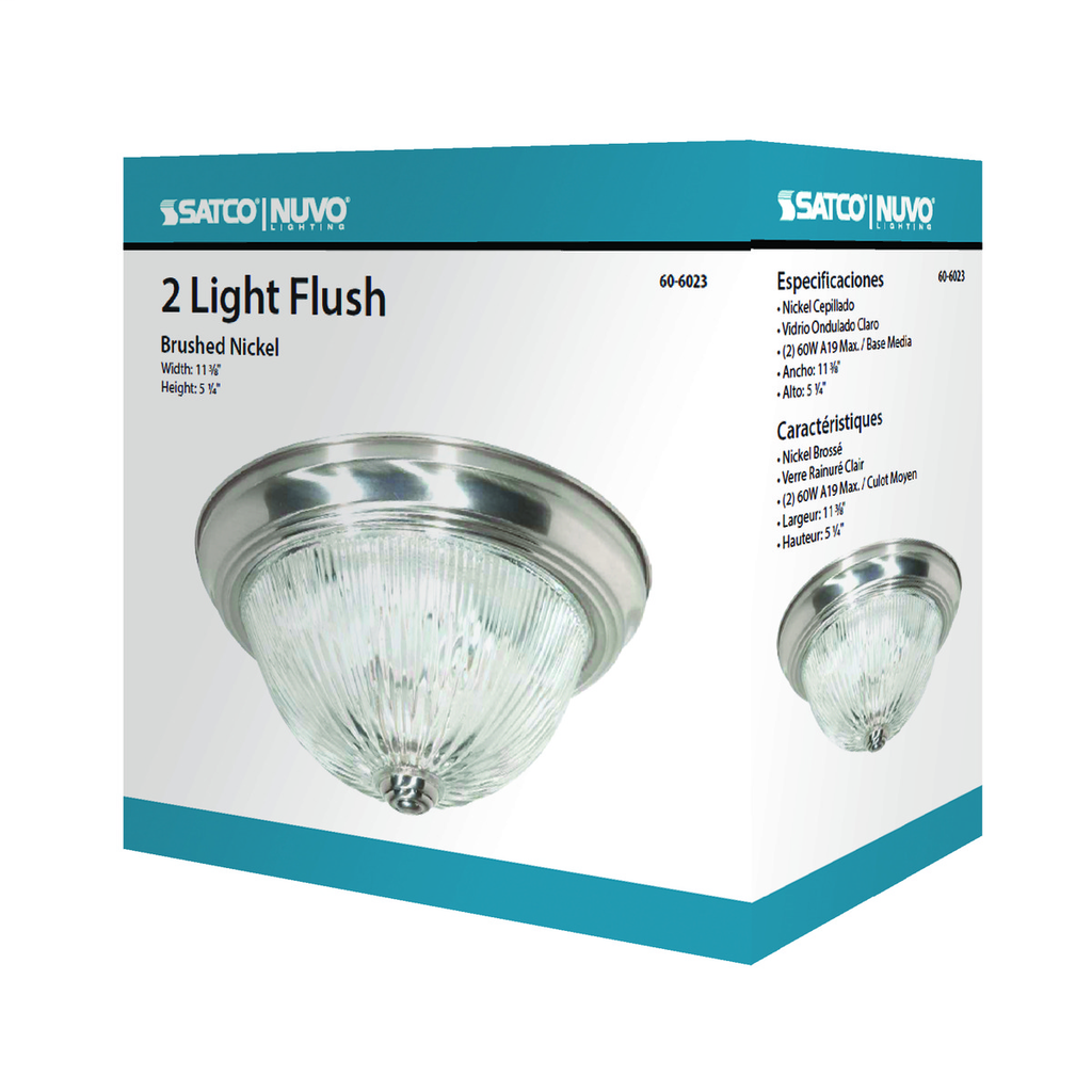 2 Light - 11" - Flush Mount - Clear Ribbed Glass, Color retail packaging