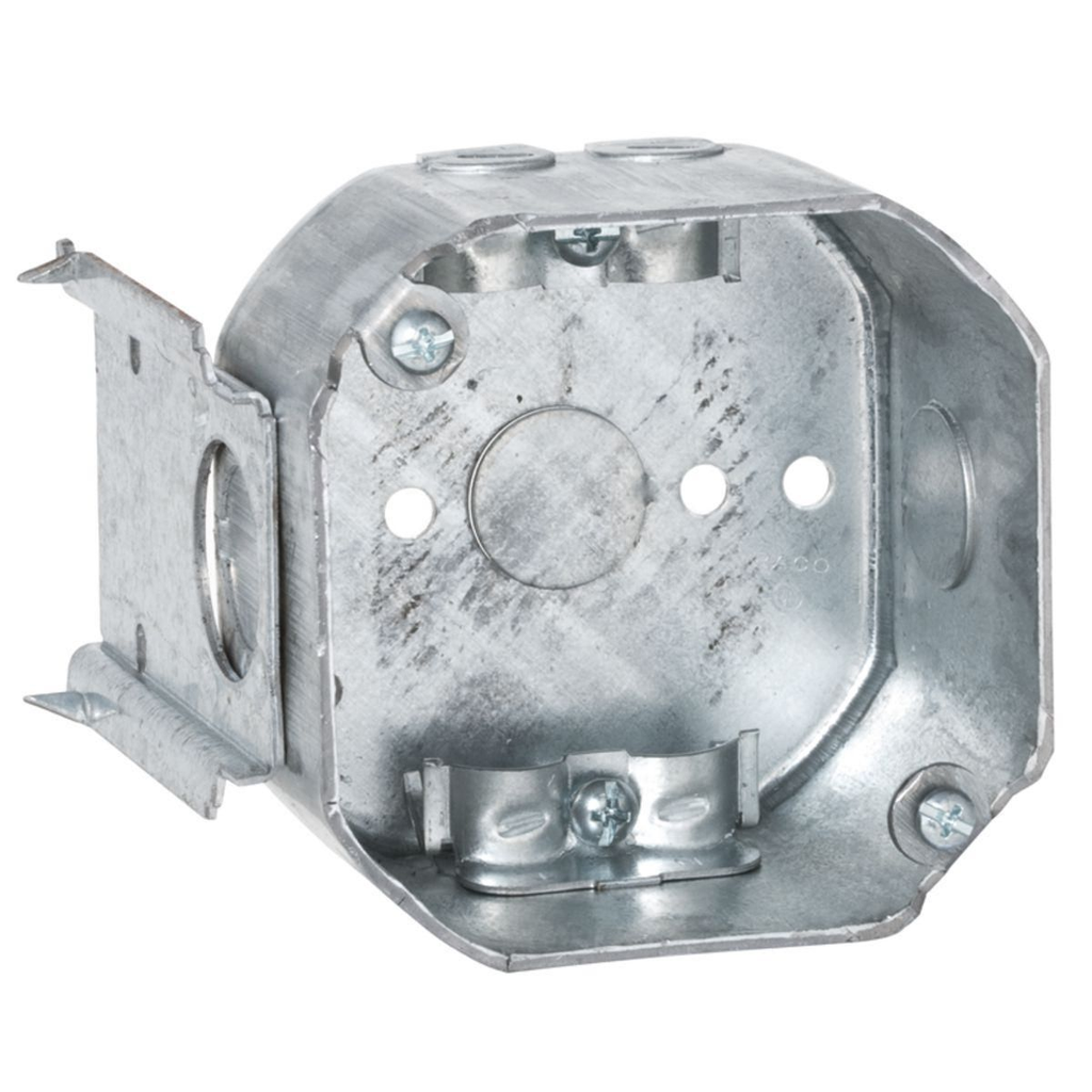 4 in. Octagon Box, Drawn, 2-1/8 in. Deep, Two 1/2 in. KO's & NMSC Clamps, TS Bracket