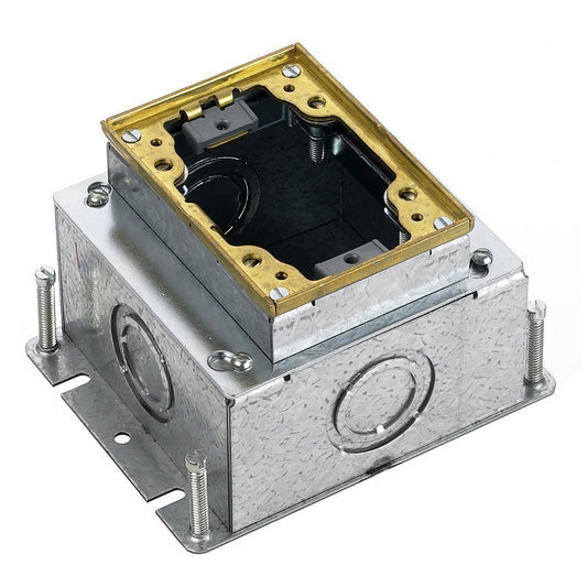 1-Gang, Rectangular Galvanized Stamped Steel Box, Deep, Fully Adjustable, Single Service, Brass Top
