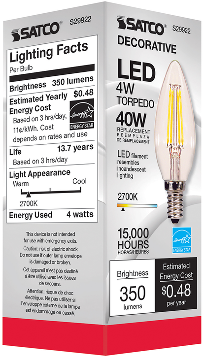4 Watt B11 LED; Clear; Candelabra base; 2700K; 350 Lumens; 120 Volt