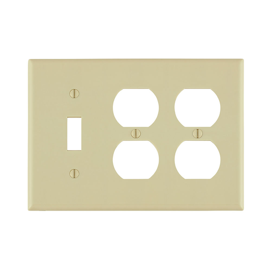3-Gang Wallplate, 1-Toggle 2-Duplex Outlet/Receptacle Combination, Standard Size, Thermoset, Ivory
