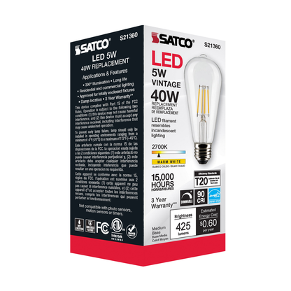 5 Watt ST19 LED; Clear; Medium base; 90 CRI; 2700K; 120 Volt