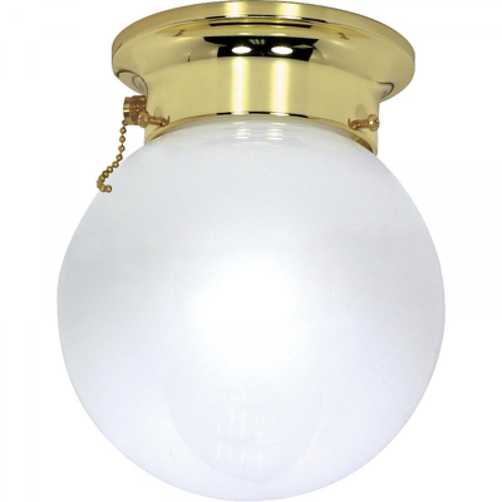 1 Light - 8" Flush with White Glass and Pull Chain Switch - Polished Brass Finish