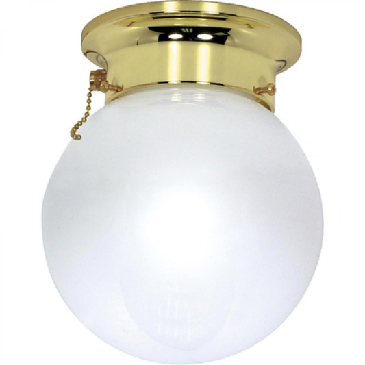 1 Light - 8" Flush with White Glass and Pull Chain Switch - Polished Brass Finish