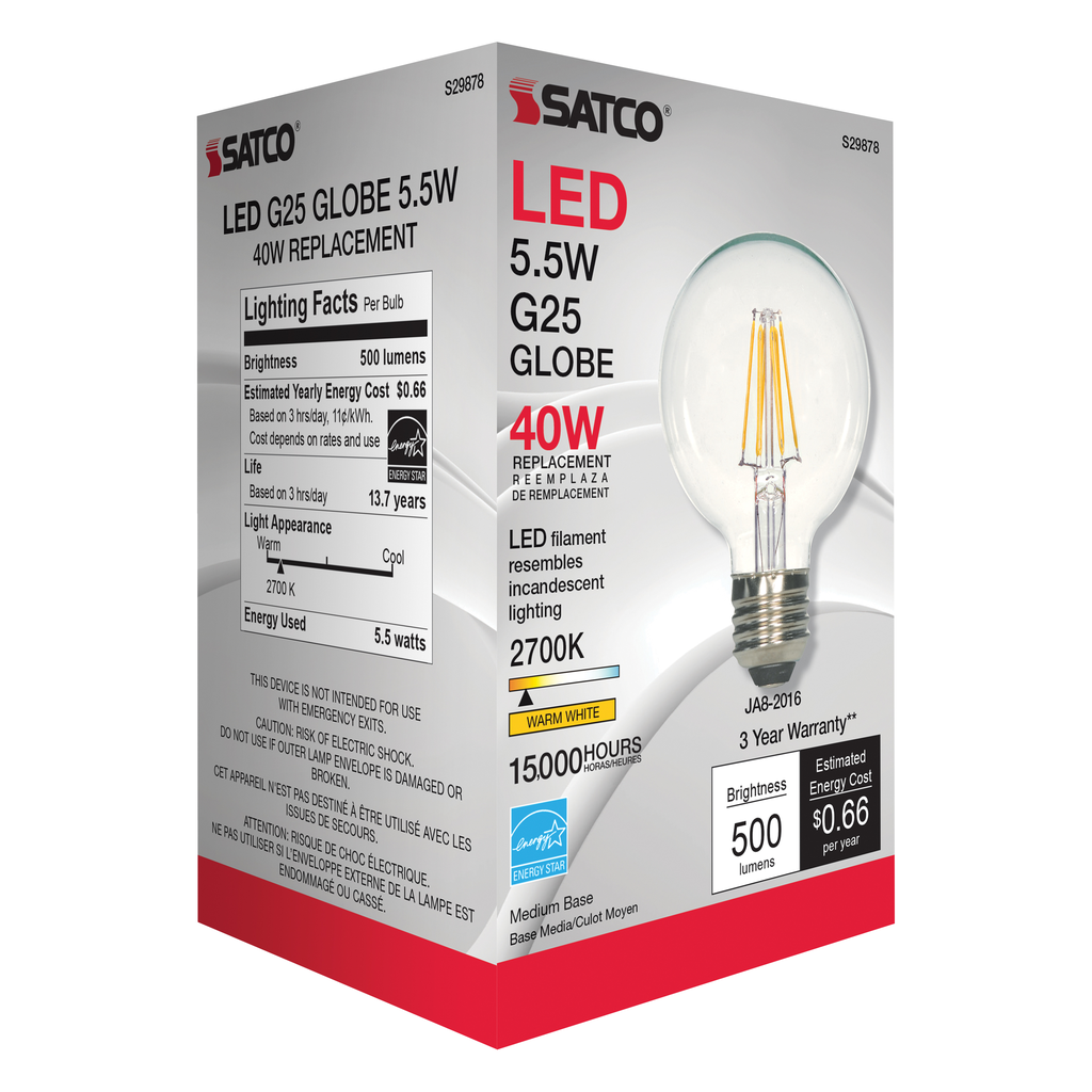 5.5 Watt G25 LED; Clear; Medium base; 2700K; 500 Lumens; 120 Volt