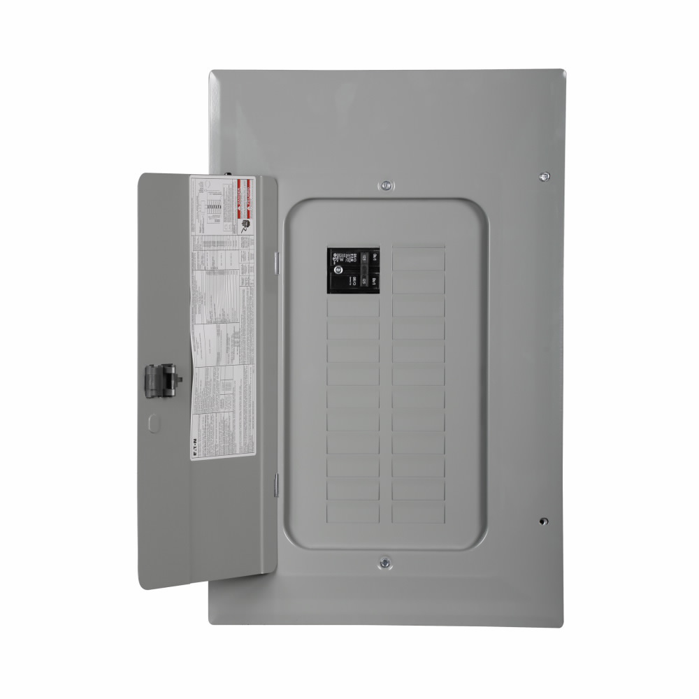 BR style 1-inch loadcenter, main circuit breaker, no feed-thru lugs, 125A, single-phase, 24-pole, 24 circuits, 20 spaces, 120/240V, #4-2/0 AWG Cu/Al at 60°C or 75°C wire, NEMA 1 enclosure, c1 box size