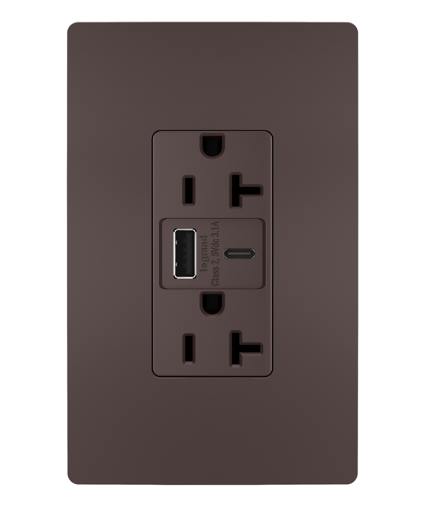 20A 125V Tamper-Resistant Duplex Receptacle with USB A/C Charging Ports, Brown