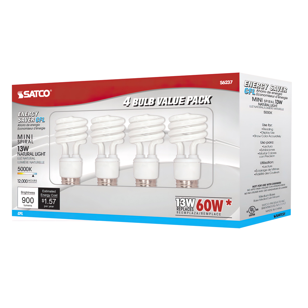 13 Watt; Mini Spiral Compact Fluorescent; 5000K; 82 CRI; Medium base; 120 Volt; 4-pack