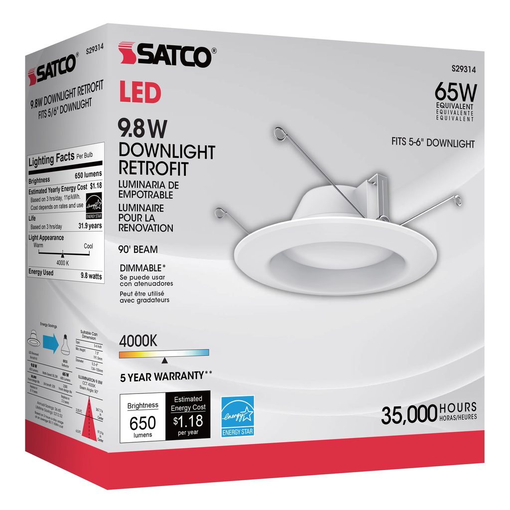 9.8 watt LED Downlight Retrofit; 5 - 6"; 4000K; Dimmable; 120 volts