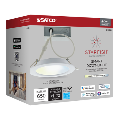 10 Watt; LED Direct Wire Downlight; 4 Inch; Tunable White; Round; Starfish IOT; 120 Volt; 650 Lumens