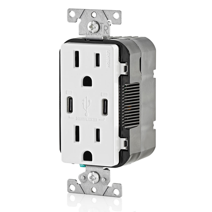 30W (6A) USB Dual Type-C/C Power Delivery Wall Outlet Charger with 15A Tamper-Res Outlet
