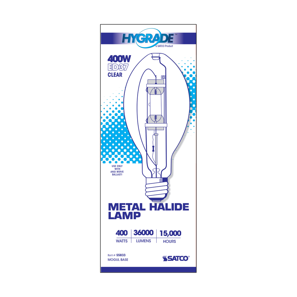 400 Watt; Metal Halide HID; Mogul base; ED37; Clear; 65 CRI; 4000K