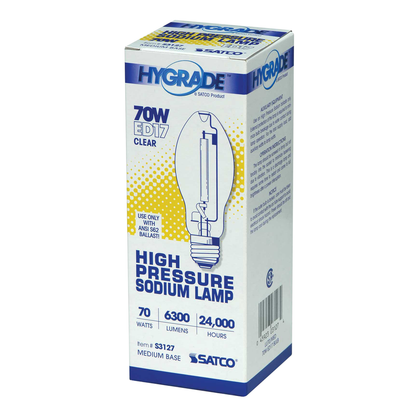 70 Watt; High Pressure Sodium HID; Medium base; ED17; Clear; 22 CRI; 2100K