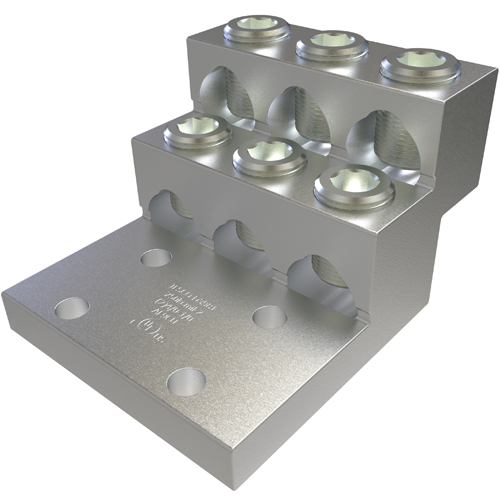 Aluminum Panelboard Lug, Multi Wire, Dual Rated, Conductor Range 750-2, 6 Ports, 4 Holes, 3/8in Bolt Size, 1-3/8in Hole Spacing, Tin Plated, UL, CSA