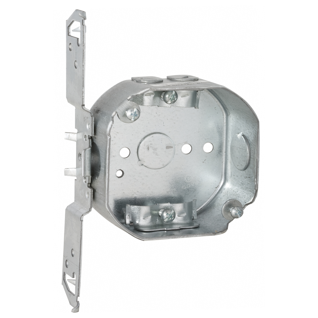 4 in. Octagon Box, Drawn, 1-1/2 in. Deep, Two 1/2 in. KO's & NMSC Clamps, TS Bracket