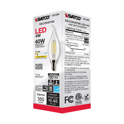 4 Watt CA10 LED; Clear; Candelabra base; 90 CRI; 2700K; 120 Volt