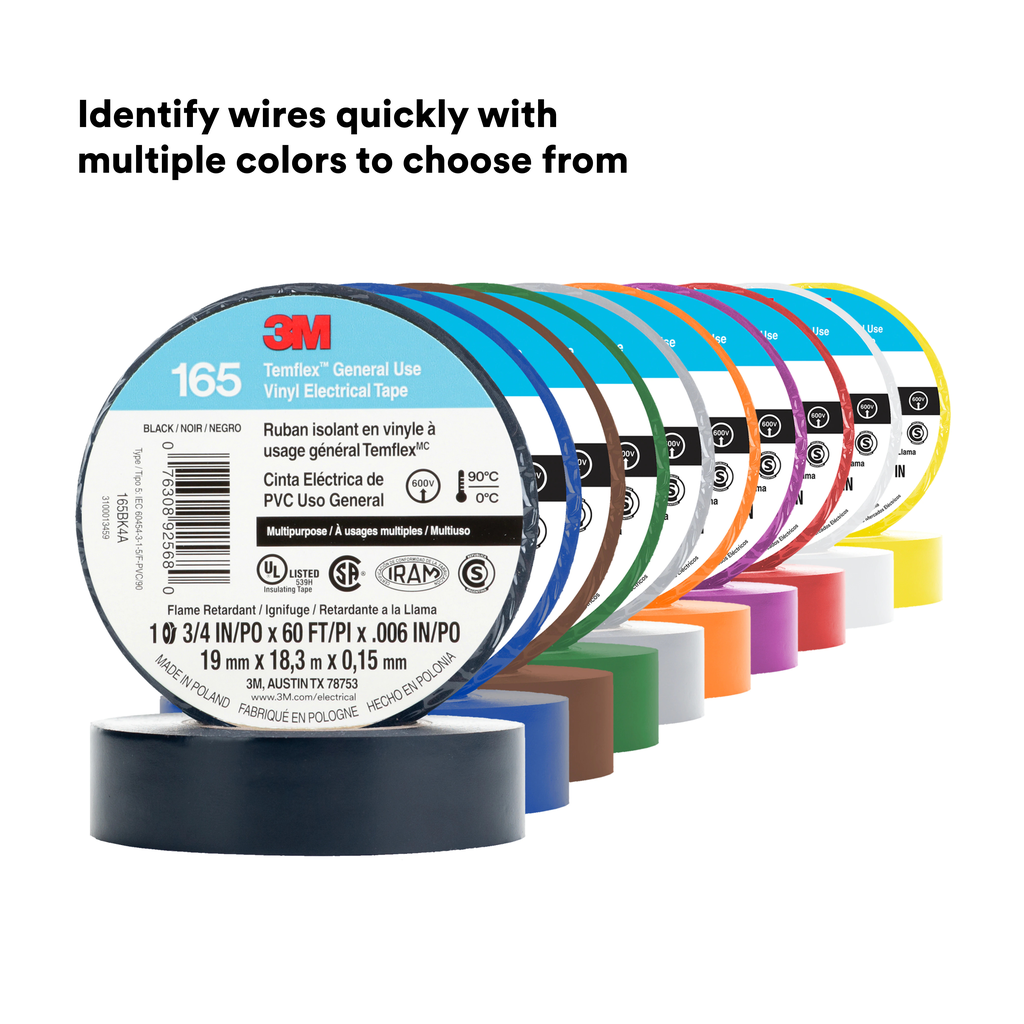 3M Temflex Vinyl Electrical Tape 165, Blue, 3/4 in x 60 ft (19 mm x 18 m), 6 mil, 100 Rolls/Case