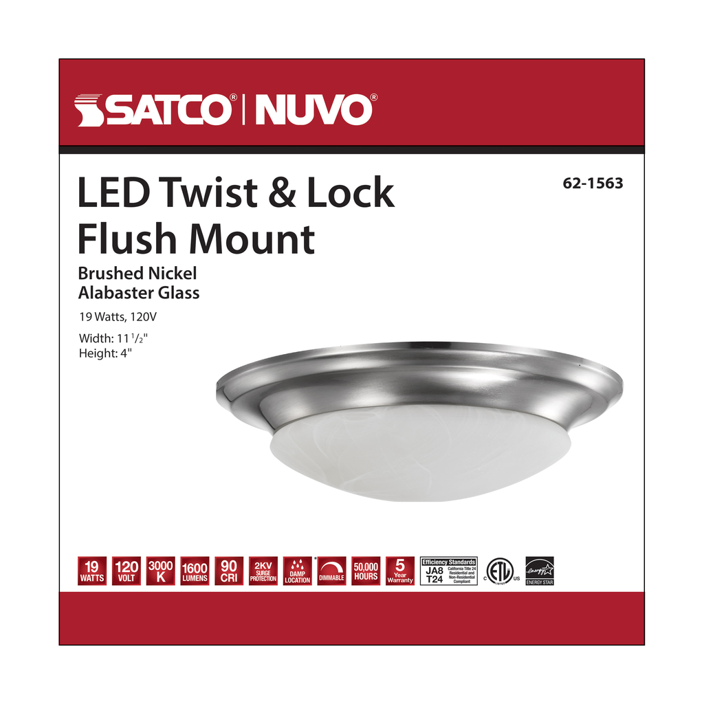 19 Watt; 11 inch; LED Twist & Lock Flush Mount Fixture; Dimmable; Brushed Nickel; Frosted Glass