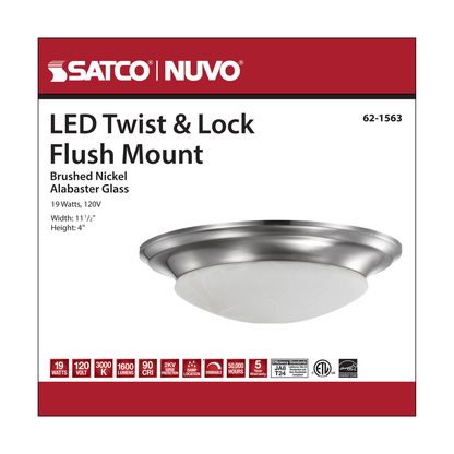 19 Watt; 11 inch; LED Twist & Lock Flush Mount Fixture; Dimmable; Brushed Nickel; Frosted Glass