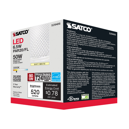 6.5 Watt; PAR20 LED; 3000K; 40 deg. Beam Angle; Medium base; 120 Volt