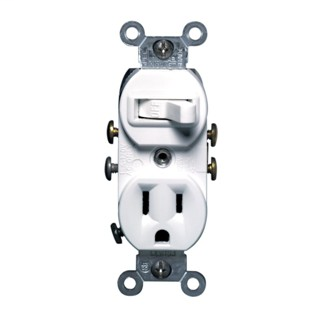 15 Amp, 120 Volt, Duplex Style Single-Pole / 5-15R AC Combination Switch, Spec Grade, Grounding, Side Wired, UL, CSA and Nom-Marking on Strap. White