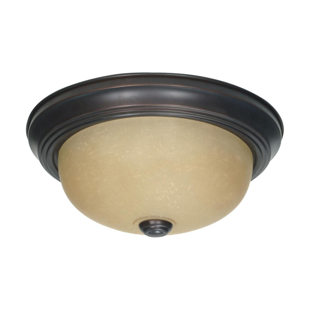 2 Light - 11" Flush with Champagne Linen Washed Glass - Mahogany Bronze Finish