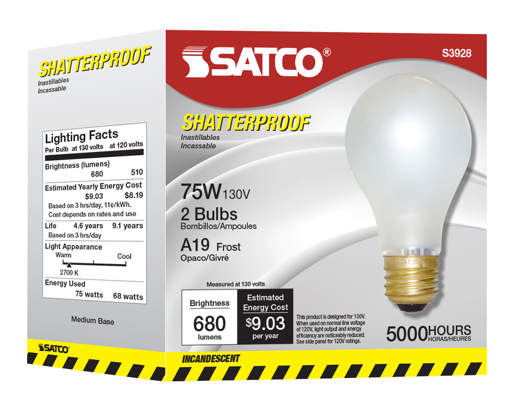 75 Watt A19 Incandescent; Frost; 5000 Average rated hours; 680 Lumens; Medium base; 130 Volt; Shatter Proof; 2/Pack