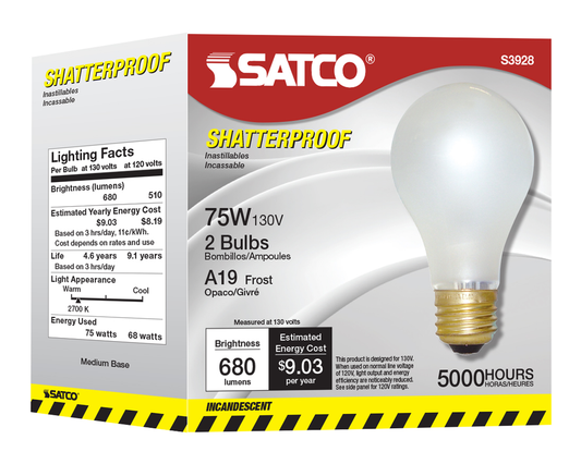 75 Watt A19 Incandescent; Frost; 5000 Average rated hours; 680 Lumens; Medium base; 130 Volt; Shatter Proof; 2/Pack