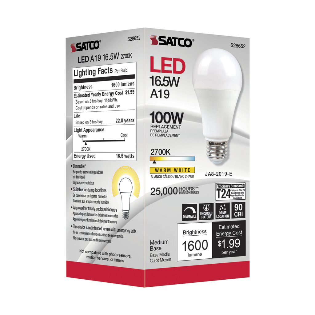 16.5 Watt; A19 LED; 90CRI; 2700K; Medium base; 220 deg. Beam Angle; 120 Volt; 1600 Lumens; CEC